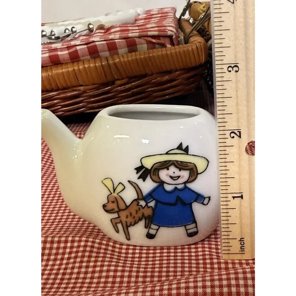 Vintage Schylling Madeline Tea Set Wicker Picnic Basket Complete Set Gingham 90s